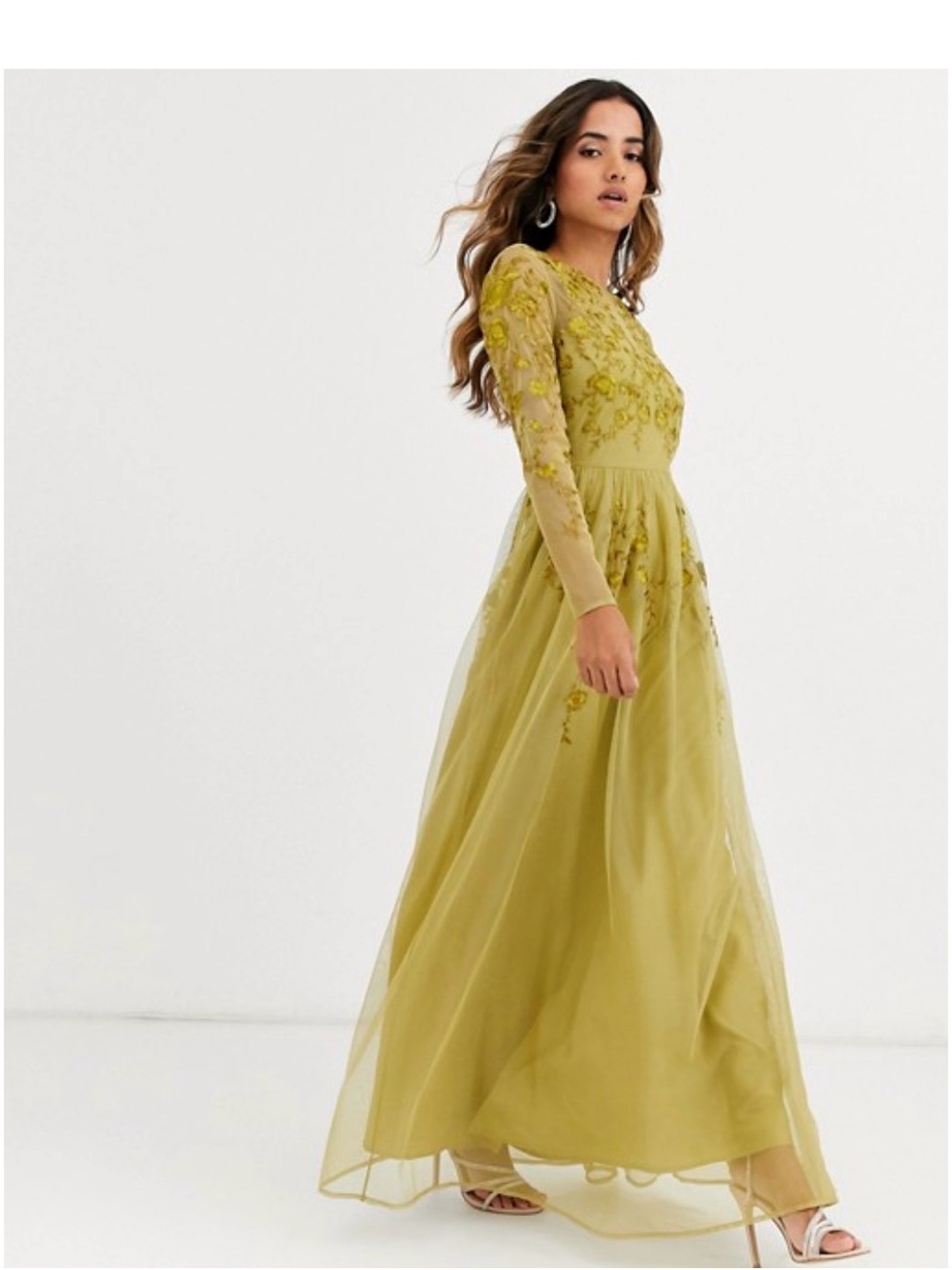 ASOS Olive Green Embroidered Tulle Maxi Dress